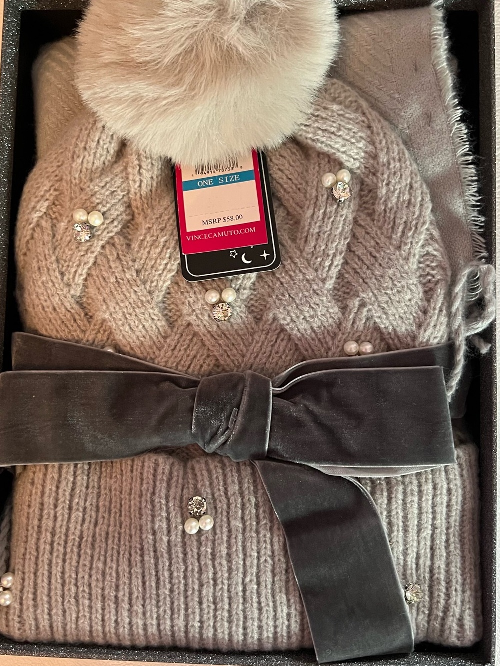 Vince Camuto Gray Knit Pom Pom Beanie and Scarf Set with Pearl & Crystal Accents